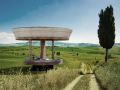 Tuscany, rural sunset landscape. Countryside farm, white road and cypress tree.